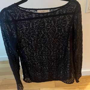 Ann Taylor Loft Navy Sheer Lace Embroidered Top